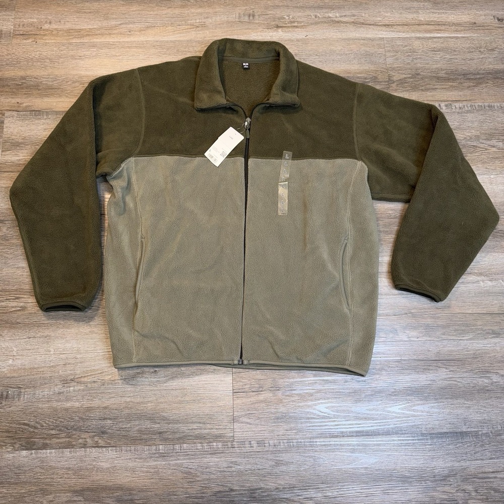 Uniqlo Fleece Mens Large Full-Zip Jacket Pullover Two-Tone Olive Green